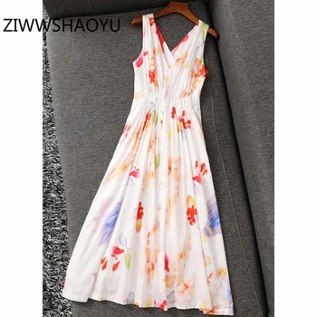 

ZIWWSHAOY Women Summer V-Neck Floral Print Bohemian Midi Dress Runway Designer Ladies Ruched Sleeveless White Cotton Dresses