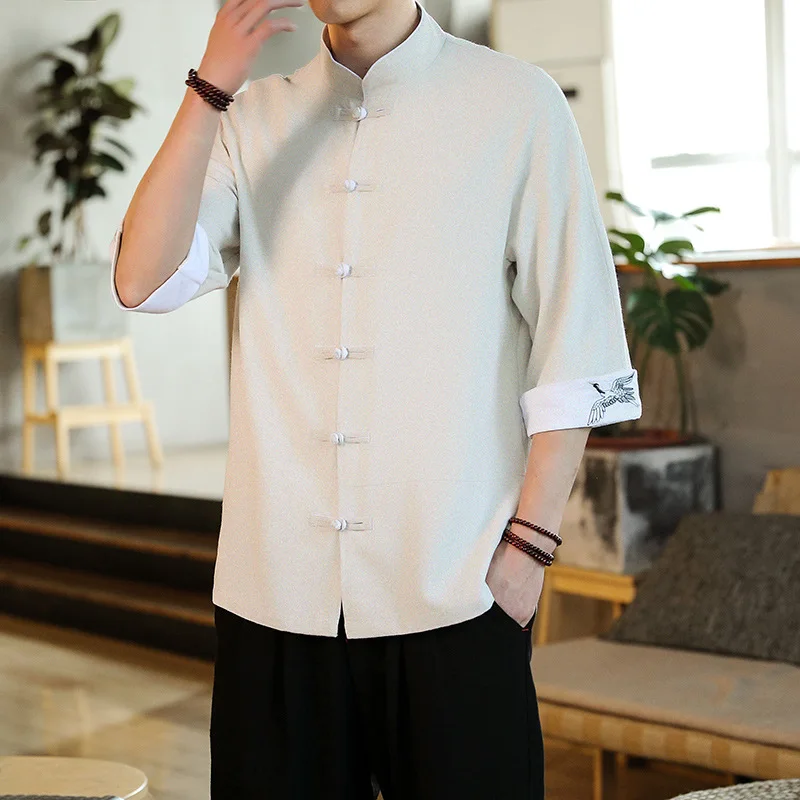 Summer Men's Vintage Style Chinese Crane Embroidery T-shirt Half-sleeve Cotton