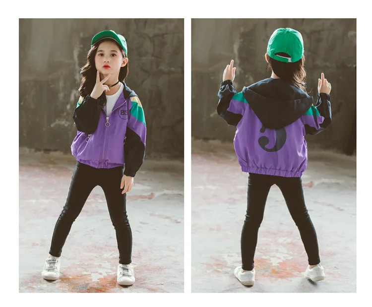 Fashion Spring Autumn Stitched 5 Word Hooded Jacket&Coats For Girls Pink Korean Cotton Kids Outerwear Clothes 4 To 12T