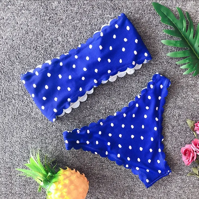 

Women Two Pieces Swimsuit Polka Dots Scalloped Lace up Bikini Set Bathing Swimwear Swimsuit Women Biquinis Feminino 2019