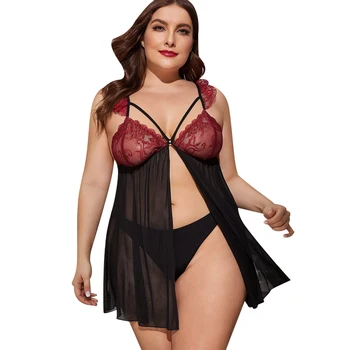 

5XL Plus Size Babydoll Underwear Women Sexy Transparent Mesh Lingerie Sleepwear Erotic Floral Lace Underwear Female lenceria D30