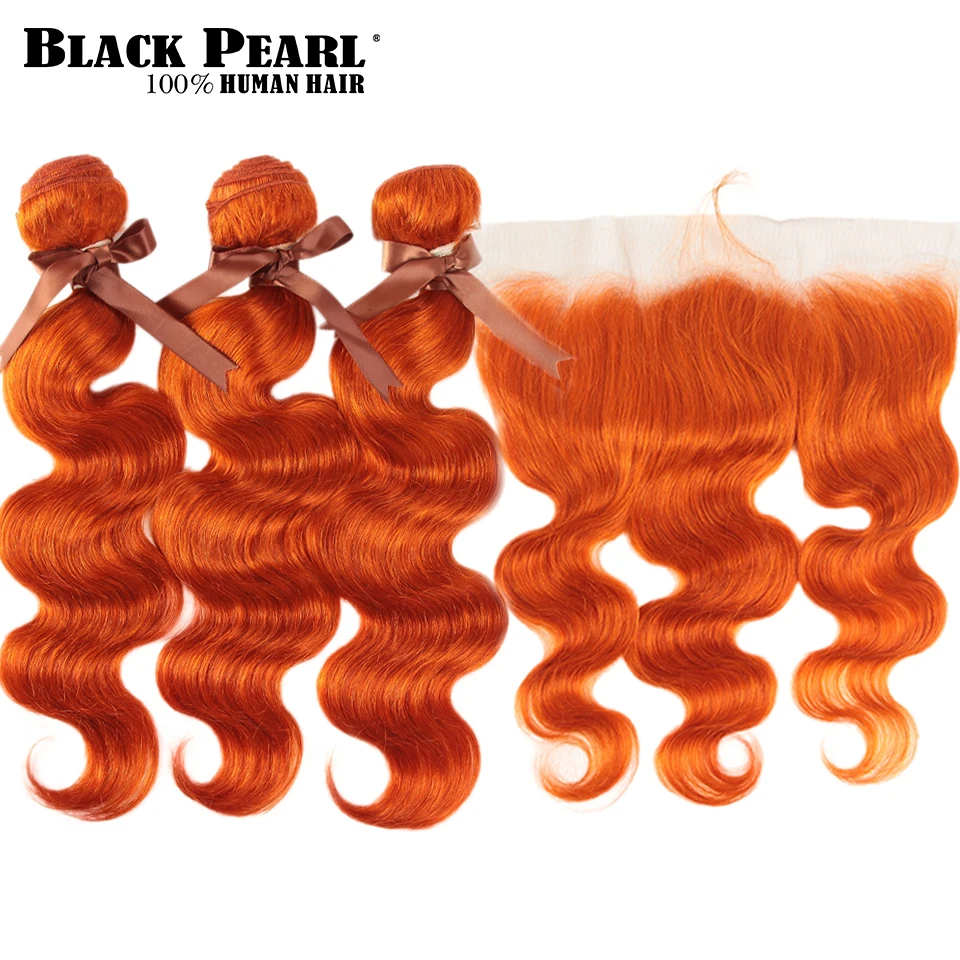 Черные перламутровые оранжевые пряди с фронтальной частью, малазийские волосы, объемные волнистые пряди, Человеческие волосы Remy для наращивания, 4 шт. в одной упаковке