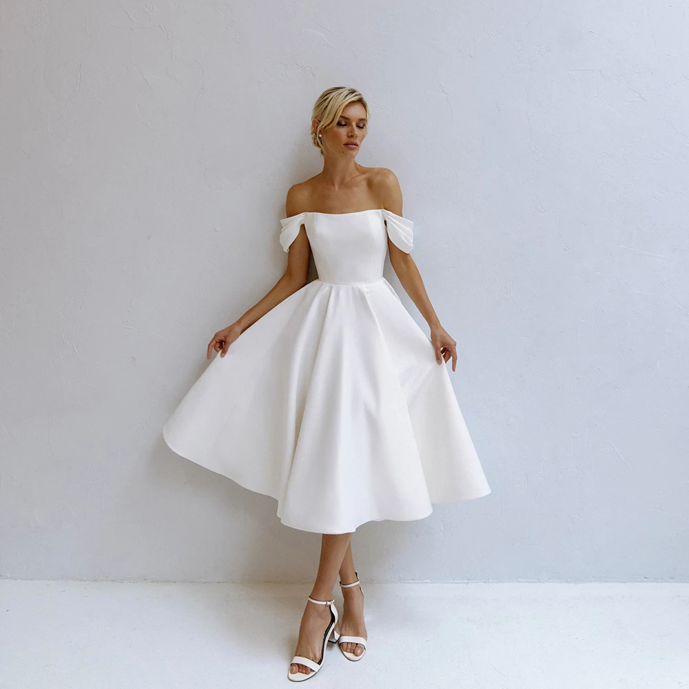 White Off Shoulder Bridesmaid Dresses Simple Tea-Length Wedding Party Dresses UQB0009