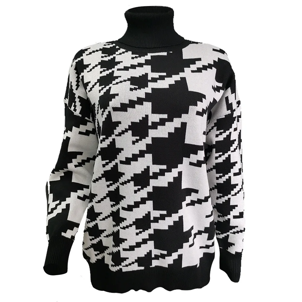 Long Sleeve Sweater Women Turtleneck Black Casual Knit Mini Houndstooth Vintage Loose Casual Sweater Female Pullover Knit Top