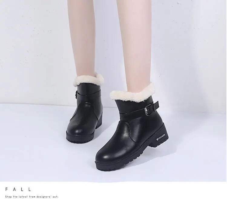 Черные ботильоны женские теплые зимние ботинки Женская водонепроницаемая зимняя обувь женские ботинки из искусственной кожи квадратный каблук 43 44