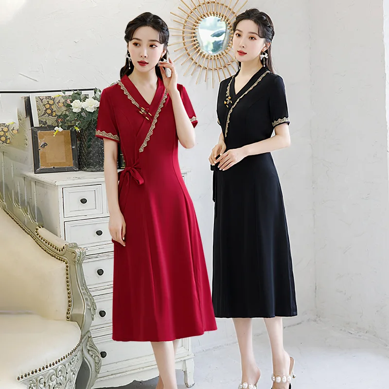 

Traditional Women V-Neck Satin A-Line Qipao Vintage Oriental Female Cheongsam Chinese Formal Dress Oversize 4XL