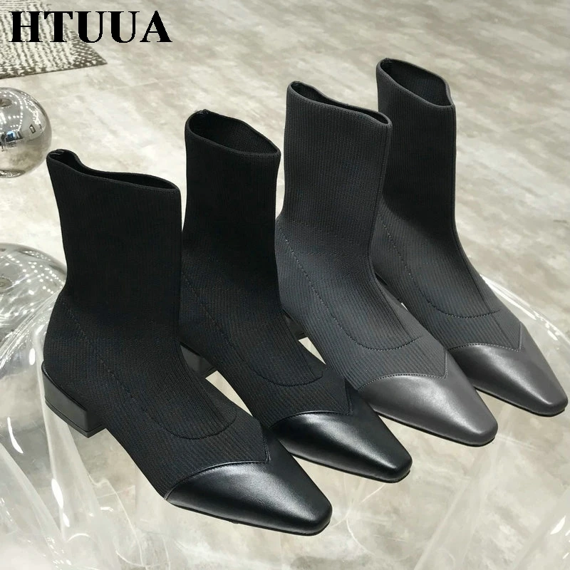 

HTUUA Korean Women's Ankle Boots Autumn Winter Stretch Small Square Heel Booties Flyknit Elastic Sock Boots Women Shoes SX3241