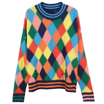 

Runway Loose Plaid Patchwork Pullover Sweater Women Autumn Winter Chic Female Sweater Rainbow Striped Streetwear Ladies Jumper
