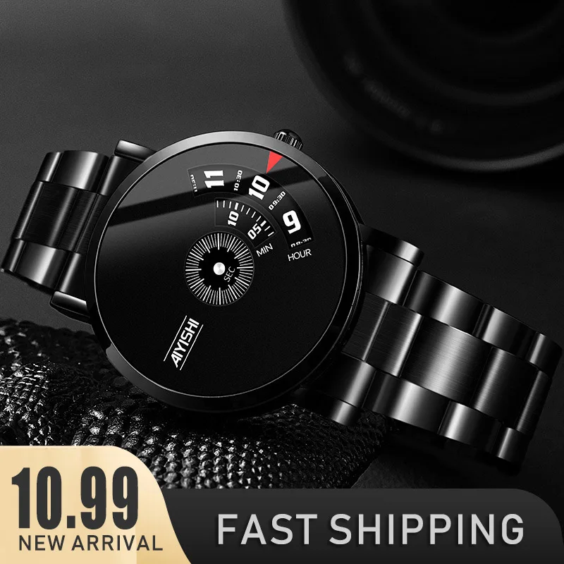 

Non-Mechanical Black Steel Bracelet Watch Men Creative Concept Dial Display Quartz Watch Waterproof Fashion Sports Watch Man