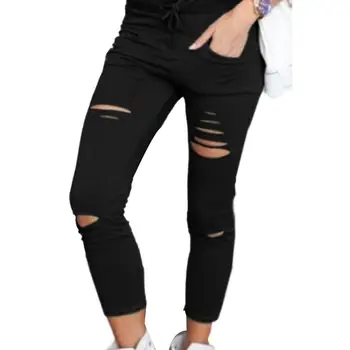 

Plus Size Solid Color Drawstring High Waist Pencil Pants Ripped Skinny Leggings hot