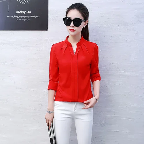 New Spring Autumn Tops Women Slim Pink Shirts Casual Long Sleeve V-Neck Solid Blouse Fashion Womens Chiffon Work Blouses - Цвет: 609 Red