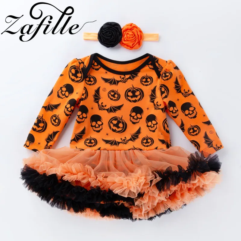 

ZAFILLE Baby Romper Dress Halloween Pumpkin Tutu Dress For Newborn Baby Clothes With Headband Children Kids Jumpsuit Girl Dress