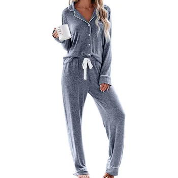 

Women Pajama Set Loose Trousers Two Piece Button Down Drawstring Closure Sleeping Home V Neck Soft Long Sleeve Loungewear Adult