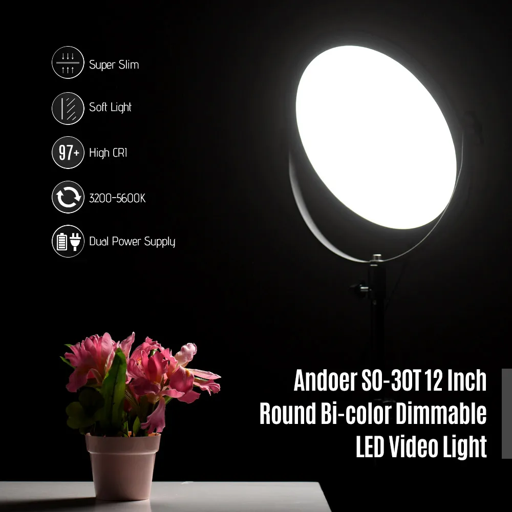 Andoer SO-30T Studio Photo LED Video Light 3200K-5600K Photography Ring Light Lamp Stepless Diammable LCD Display Screen CRI 97