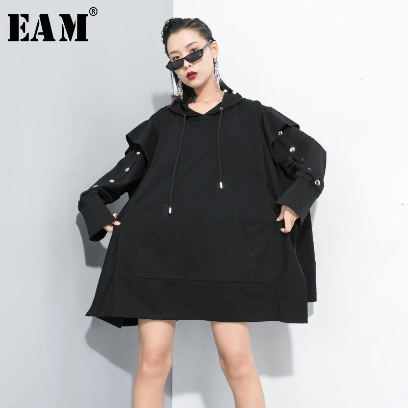 

[EAM] Loose Fit Black Oversized Split Long Sweatshirt New Hooded Long Sleeve Women Big Size Fashion Autumn Winter 2019 1D656