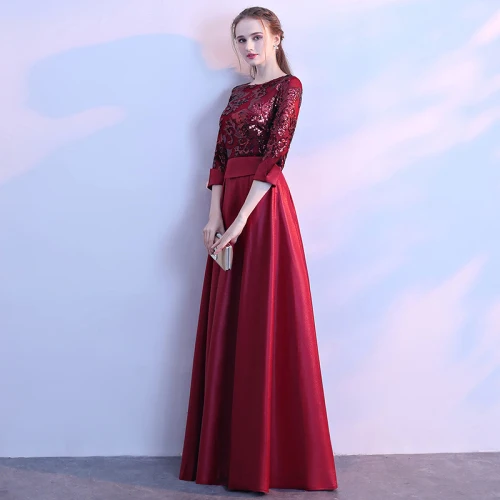 evening maxi dresses U1046 Vintage Long Dress O-Neck Evening Dresses Satin A-line Robe De Soiree Elegant Women Formal Wedding Party Gown plus size evening dresses Evening Dresses