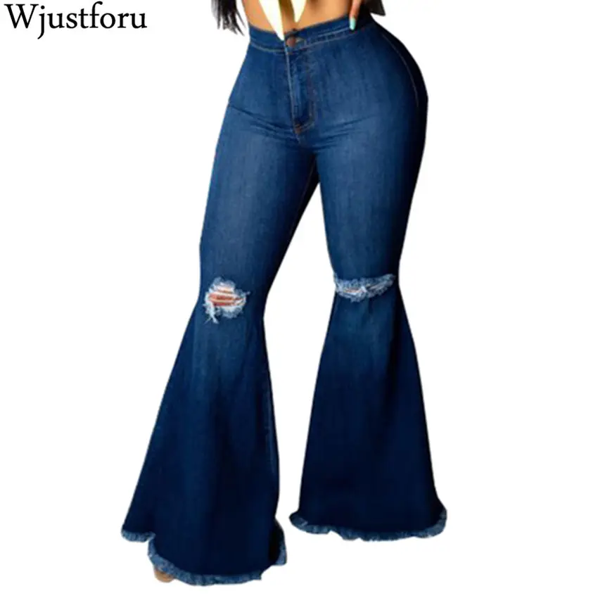 

Wjustforu Fashion hole Flare Jeans Women Bodycon Casual Ripped Wide Leg Denim Pants Elegant Skinny Long Jeans Pants Vestidos