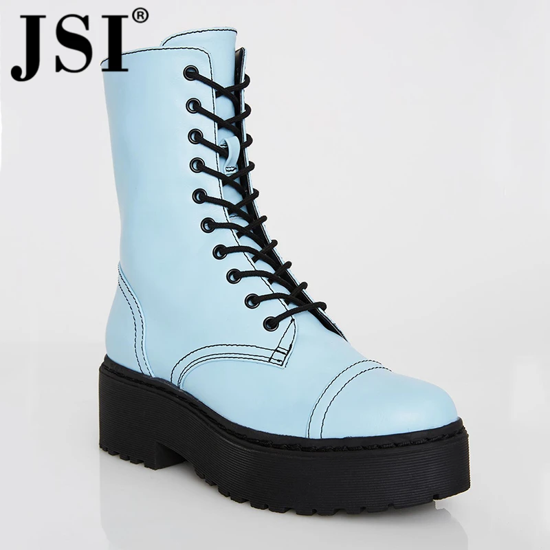 

JSI Women Boots Round Toe Lace-Up Mid-Calf Solid Microfiber Spring Autumn Ladies Shoes Spring Autumn Basic Women Boots je201