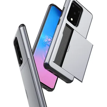 

100Pcs 2 in 1 Hybrid Slide Card Slot Armor Case Shockproof Protector Cover Samsung Galaxy S20 S10 S9 Plus S8 Note 10 10+ 9 8