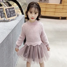 В году, новое осенне-зимнее платье для девочек Сетчатое платье для маленьких девочек в стиле пэчворк модное вязаное милое платье принцессы для девочек#8255