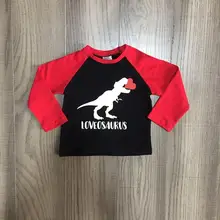 Одежда для малышей осенне-зимний топ-реглан для девочек, рубашка с динозаврами и красными рукавами для девочек