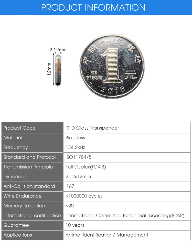 60 шт. RFID имплантируемые Стекло микрочип транспондера 2*12 мм для Животные идентификации