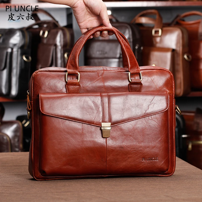 Vintage Cowhide Men's Leather Briefcase Can Be Used For 14inch Laptop