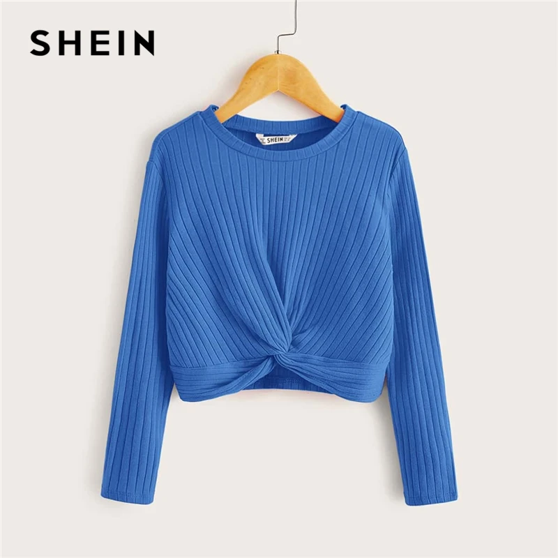 Shein Kiddie Solid Twist Front Ribbed Knit Crop Casual T Shirt
