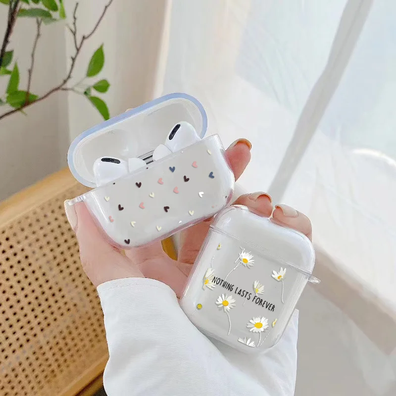 Love Heart Print Case For Apple Airpods 2/1 3 Cover Cute Daisy Flower Soft Clear For Airpod Earphone Capas For Airpods 3 Pro Box