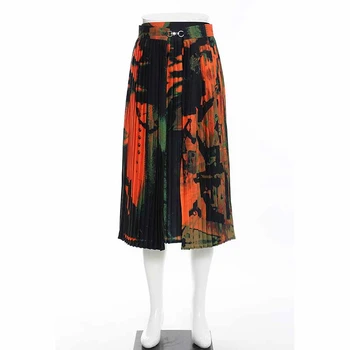 

SeeBeautiful Loose Pressed Pleated Half-body Skirt Printed Contrast Color New Fashion 2020 Autumn Winter Women M072