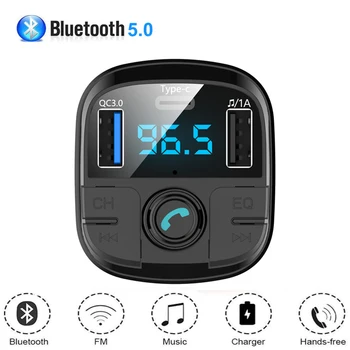 

Bluetooth 5.0 FM Transmitter Car Kit MP3 Player Modulator Car Charger QC3.0 Dual USB With LED Lattice screen EQ Mode Type-C