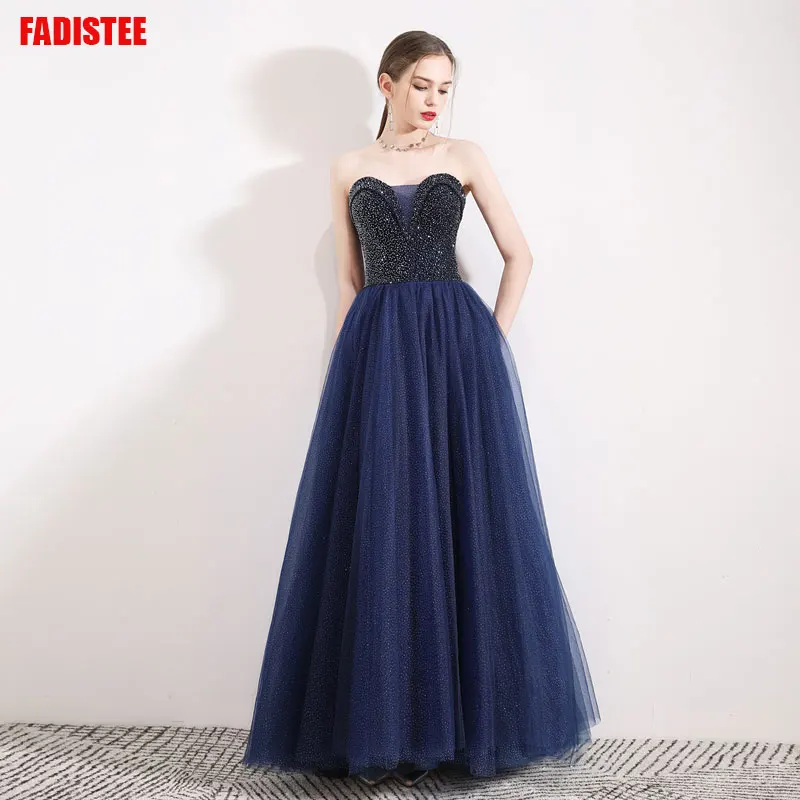 Расшитое бисером платье для выпускного вечера без бретелек Vestido de Festa robe de mariee robe для причастия девушки, платье с бусинами, вечерние платья - Цвет: navy blue