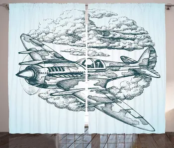 

Airplane Curtains Plane in The Sky Round Vintage Cloud Aerospace Drawing Effect Image Living Room Bedroom Window Curtain Blue