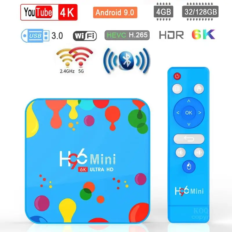 6K H96 Mini H6 4GB 32/128GB 64-bit Quad Core Smart TV Box Android 9.0 TV Box 2.4G/5G Wifi Bluetooth HD Media Player Set top box