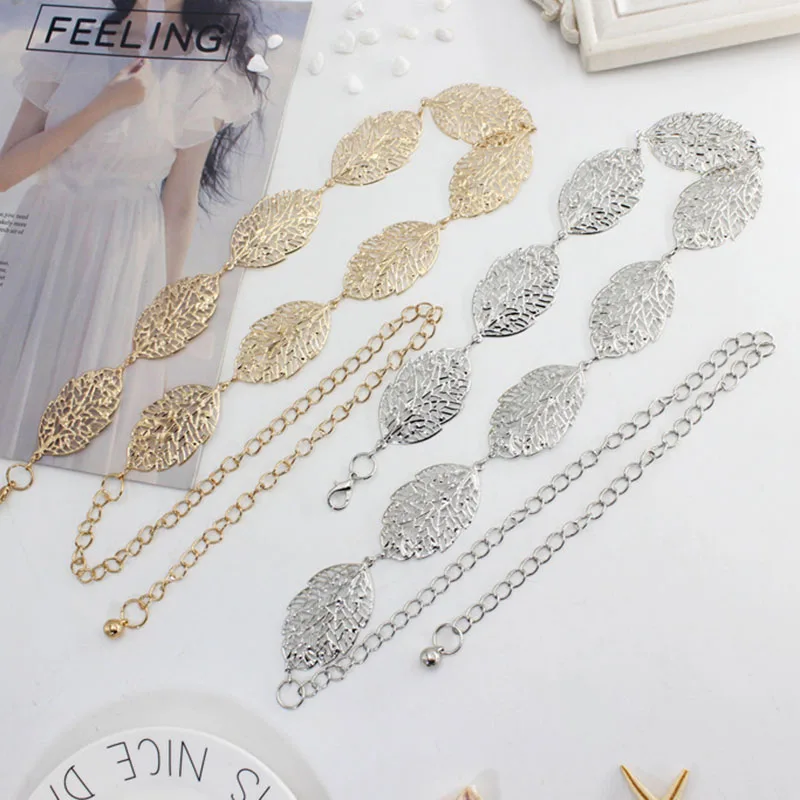 

Female Hollow Leaves Waistband Metal Sheets Belts for Women Fashion Adjustable Chain Pendant Dress Clothing Accessories