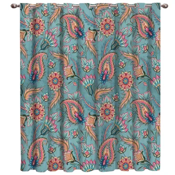 

Retro Indian Ethnic Flower Window Treatment Sets Sheer Curtains Room Darkening French Doors Living Room Bathroom Black Kids Room