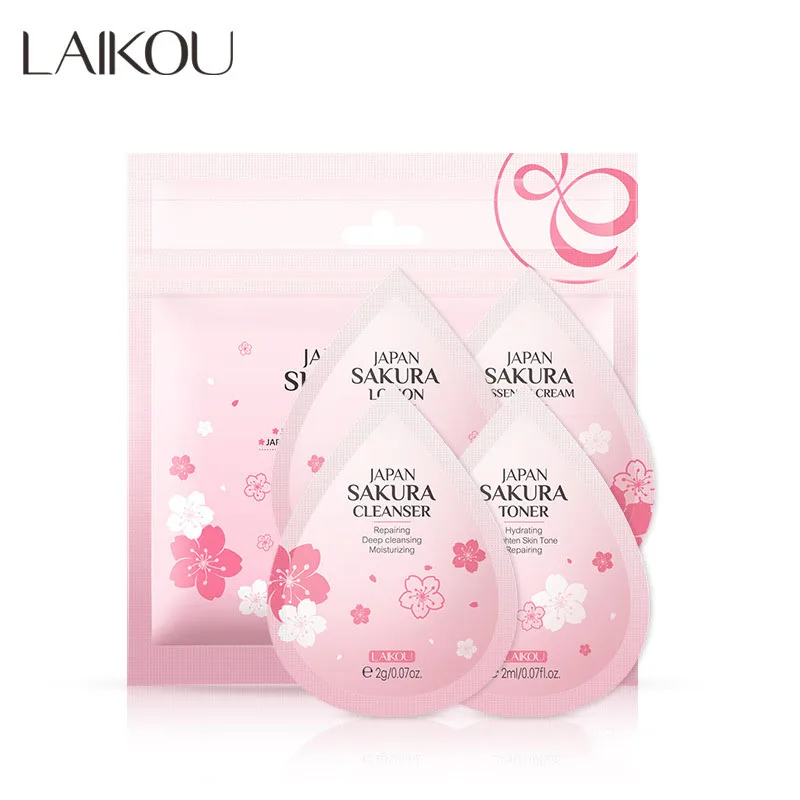 Laikou Skin Care 4Pcs Set Sakura Cleanser Toner Lotion Cream Deep