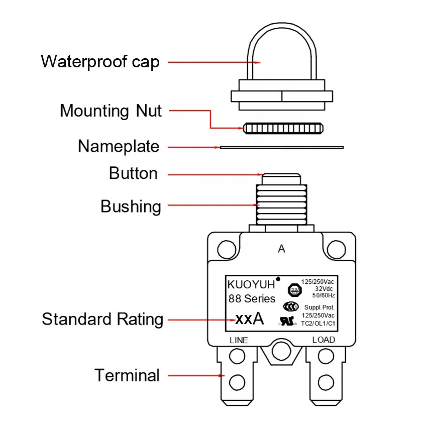 KUOYUH Circuit Breaker 88 Series 12A 125/250VAC 32VDC-50VDC 50/60Hz ...
