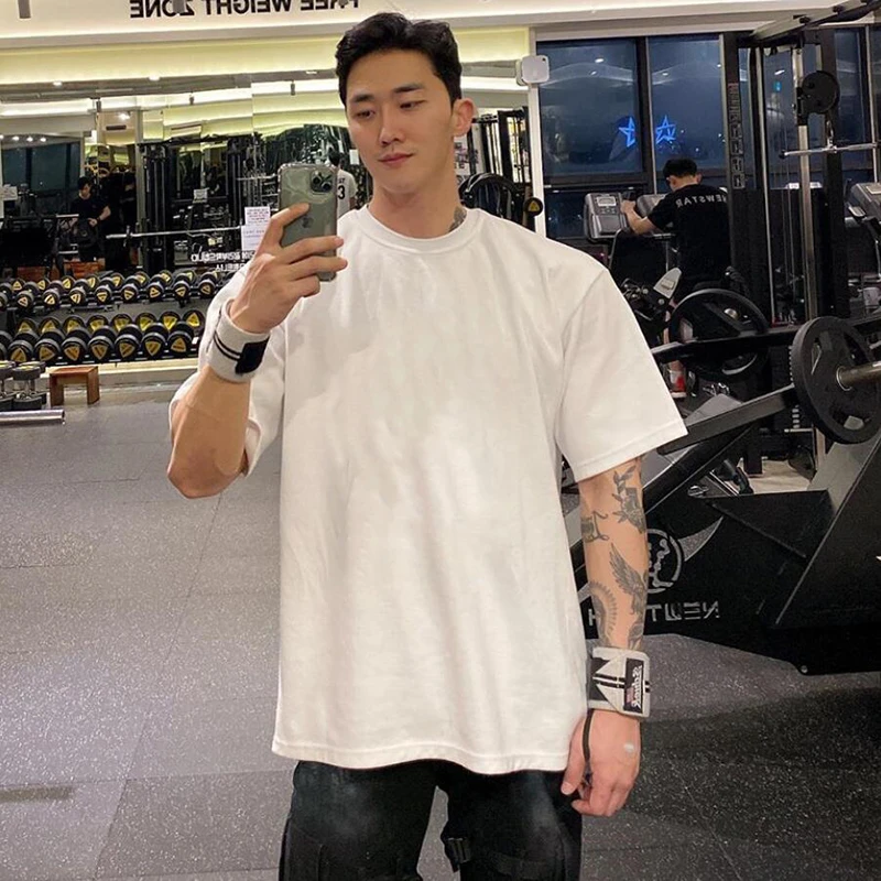 Men′ S Oversized T Shirt Solid Color Gym Clothing Bodybuilding