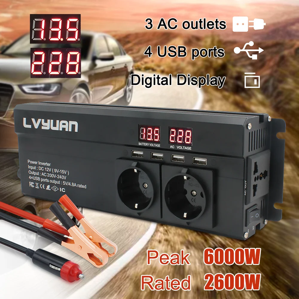 Автомобильный инвертор 6000 Вт пиковая мощность DC12V/24V to230V ЕС розетка со