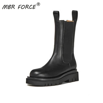 

MBR FORCE Black High Quality Mid-calf Boots British style Women Shoes Woman Thick bottom ladies Fashion Short Boot casual travel