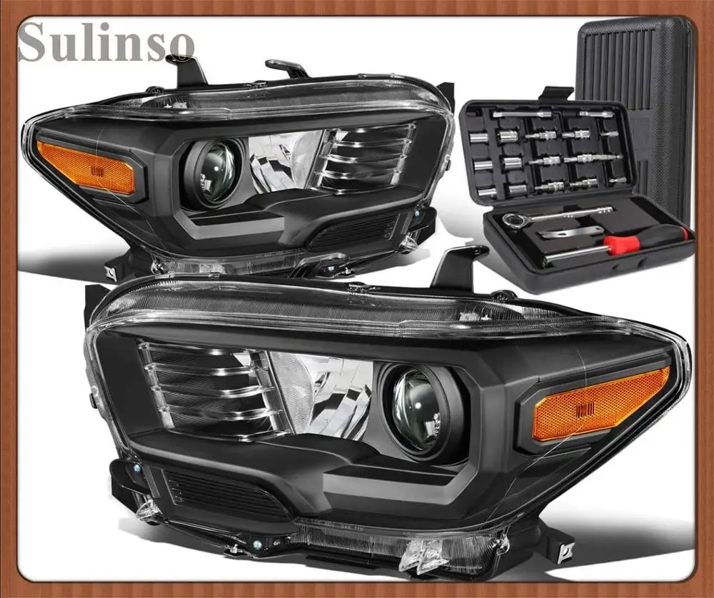 Sulinso Black Housing Amber Corner Projector Headlight Head Lamps+Tool Kit Replacement for Tacoma 16-20