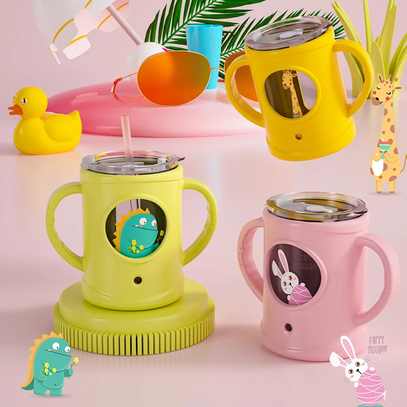 Bicchiere da acqua in vetro per bambini simpatico cartone animato tazza da  bere per bambini con cannuccia bottiglia da latte per coniglio a tenuta