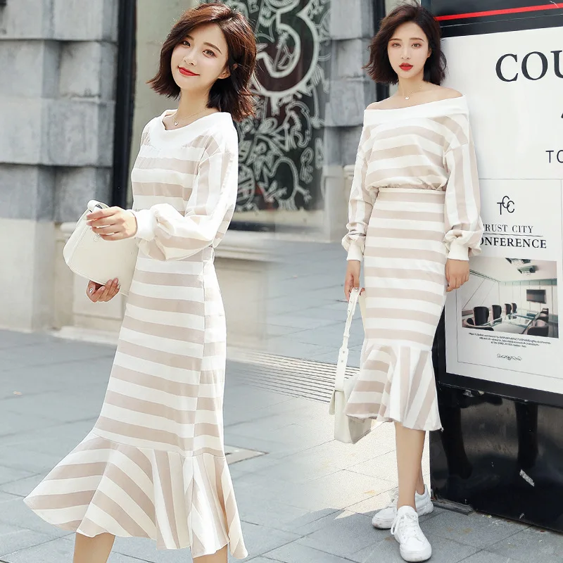 

2018 Autumn New Style Online Celebrity Stripes Korah Shoulder Dress Outfit Slim Fit Versatile Flounced Fishtail Skirt Two-Piece