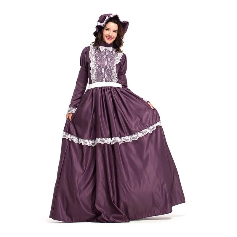 

Female Medieval Long Dress Women Renaissance Princess Queen Cosplay Costume Velvet Court Maid Halloween Purple Costume with Hat