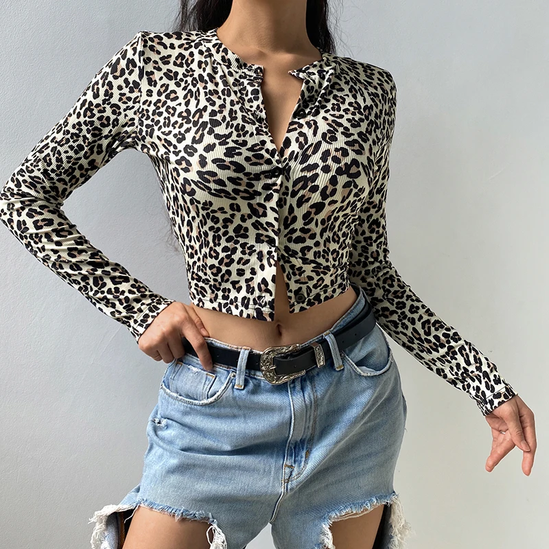IAMSURE Autumn Streetwear Fashion Leopard Print Long Sleeve Women Cardigan Blouses Fitness Female Cropped Shirt Rave Outfits