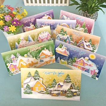

8pcs/set Greeting Card with Envelopes Gold Glitter 3d Pop Up Best Wishes Blank Thank You Gift Cards Christmas House