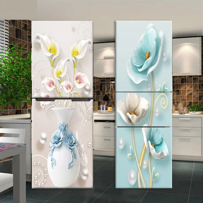 Relief Flower Refrigerator Sticker Door Cover Fridge Red Wine Bottle