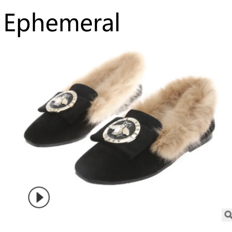 

Lady's Plus size 39 43 Fashion anti-slip Bee flock Square closed toe Flats heels Short Plush single shoes Winter Warm black Pink