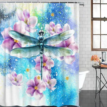 

Spring Watercolor Flower Dragonfly Waterproof Shower Curtain Home Decoration Shower Curtain Bathroom Accessories